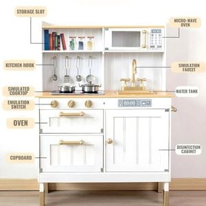 Bucatarie din lemn natural pentru copii LikeSmart Retro Kitchen, cu lumini si sunete, solida si durabila, fara margini ascutite, Cuptor cu Microunde si Accesorii incluse, 89 Cm