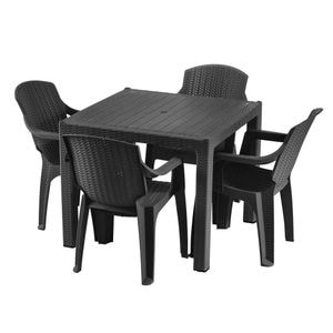 Set masa, fabricat din polipropilena, cu model impletitura de ratan, forma patrata, cu 4 scaune, pentru interior/ exterior,90 x 90 x 74.5cm, gri