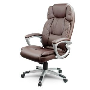 Scaun birou, cu spatar inalt din piele ecologica, moale, cotiere tapitate, functie de balansare cu blocare, baza durabila, maro
