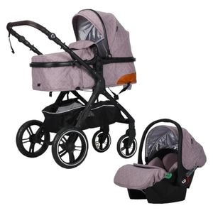 Carucior nou nascuti 3 in 1 NOVOKIDS X1000 series, Cu geanta bebe, Cadru Aluminiu, Amortizoare, Scoica auto, Spatar reglabil 3 trepte, Plasa insecte, Beige