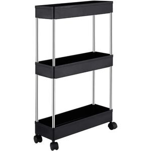 Raft depozitare pentru baie, Quasar & Co., cu roti, 3 polite, pentru spatii inguste, dreptunghiular, 40x12x61 cm, ABS/otel inoxidabil, negru