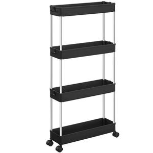 Raft depozitare pentru baie, Quasar & Co., cu roti, 4 polite, pentru spatii inguste, dreptunghiular, 40x12x86.5 cm, ABS/otel inoxidabil, negru