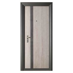 Usa metalica de exterior cu izolatie si vizor Novo Doors NDFC7008, 86x200 cm, deschidere dreapta, 2 yale, tabla 0,7 mm, pentru casa si apartament, gri antracit cu insertie stejar