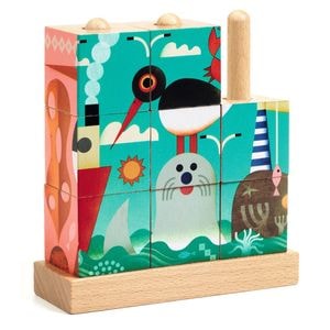 Puzzle din cuburi de lemn Animale marine, Djeco, 9 piese, multicolor