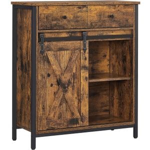 Comoda Vasagle pentru living sau bucatarie, cu 2 sertare si usa glisanta, rafturi reglabile, stil rustic, 30x70x80cm, maro-negru