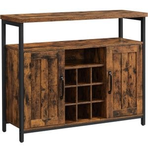 Comoda Vasagle tip bufet, cu 2 usi si suport pentru sticle vin, stil industrial, 100x35x81cm, maro rustic-negru