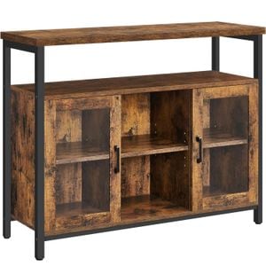 Comoda Vasagle tip bufet, cu 2 usi cu sticla, rafuri reglabile, stil industrial, 100x35x80cm, maro rustic