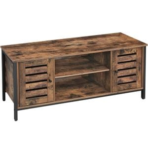 Comoda Vasagle joasa pentru suport TV, cu rafturi si 2 spatii de depozitare cu usa, stil industrial, 110x40x50cm, maro rustic-negru