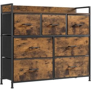 Comoda Songmics cu cadru metalic si 7 sertare din textil, stil industrial, 98x29x85cm, maro rustic-negru