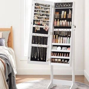 Oglinda de podea cu suport SONGMICS, design fara rama, cu spatiu de depozitare, 41x37x152cm, alb