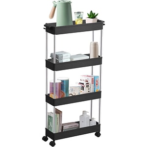 Raft depozitare pentru bucatarie, Quasar & Co., cu roti, 4 polite, pentru spatii inguste, dreptunghiular, 40 x 12 x 86.5 cm, ABS/otel inoxidabil, negru