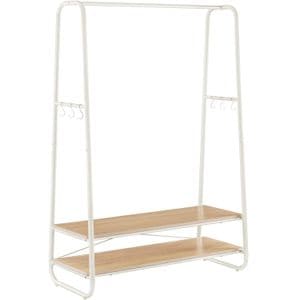 Raft pentru haine VASAGLE cu suport pentru pantofi, 2 polite, 6 carlige laterale, 45x100x160cm, alb