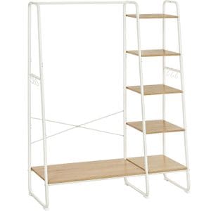 Raft pentru haine VASAGLE cu suport pentru pantofi, 5 polite, 6 carlige laterale, 45x120x160cm, alb