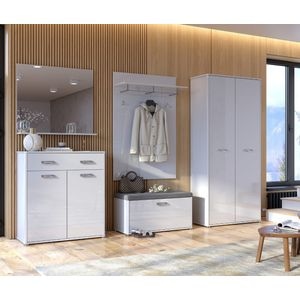 Cuier Modular Bella, dulap cu 2 usi, pantofar, comoda, cuier cu agatatori si oglinda, 270 x 195 cm, alb lucios