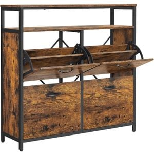 Dulap pantofi VASAGLE din MDF cu 4 usi basculante, pentru 12-20 perechi, 98x30x95cm, maro rustic si negru