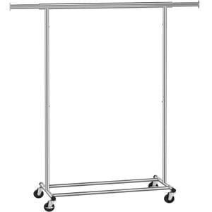 Suport pentru haine  SONGMICS cu sina superioara extensibila, pe roti, reglabil pe latime, 45x(92-132)x160cm, inox argintiu