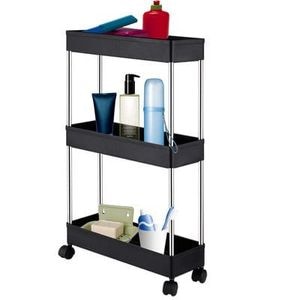 Raft depozitare pentru bucatarie, Quasar & Co., cu roti, 3 polite, pentru spatii inguste, dreptunghiular, 40 x 12 x 61 cm,  ABS/otel inoxidabil, negru