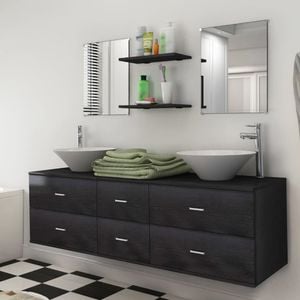 Set mobilier de baie vidaXL, 9 piese, cu chiuveta si robinet, negru