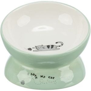 Castron ceramic pentru pisici Trixie, Ridicat, Forma Ergonomica, 0.15 l/o 13 cm, Verde Salvie/Alb, 24470