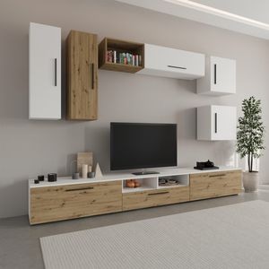 Set mobila living Haaus Kos V1, Alb/Stejar Artisan, 285 x 40 x 200 cm
