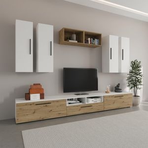 Set mobila living Haaus Kos V4, Alb/Stejar Artisan, 285 x 40 x 200 cm