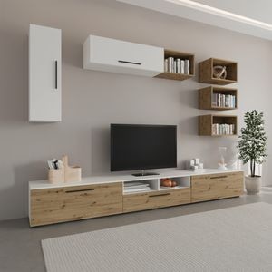 Set mobila living Haaus Kos V5, Alb/Stejar Artisan, 285 x 40 x 200 cm