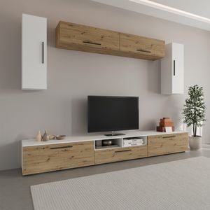 Set mobila living Haaus Kos V6, Alb/Stejar Artisan, 285 x 40 x 200 cm