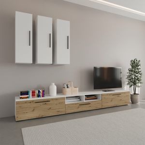 Set mobila living Haaus Kos V7, Alb/Stejar Artisan, 285 x 40 x 200 cm