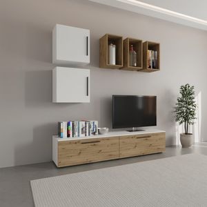 Set mobila living Haaus Kos V8, Alb/Stejar Artisan, 190 x 40 x 200 cm