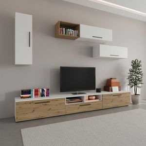 Set mobila living Haaus Kos V19, Alb/Stejar Artisan, 285 x 40 x 200 cm