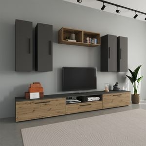 Set mobila living Haaus Kos V4, Antracit/Stejar Artisan, 285 x 40 x 200 cm