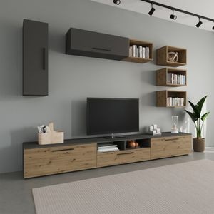 Set mobila living Haaus Kos V5, Antracit/Stejar Artisan, 285 x 40 x 200 cm