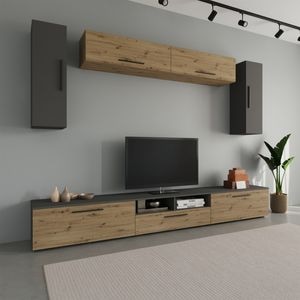 Set mobila living Haaus Kos V6, Antracit/Stejar Artisan, 285 x 40 x 200 cm