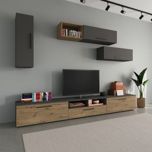 Set mobila living Haaus Kos V19, Antracit/Stejar Artisan, 285 x 40 x 200 cm