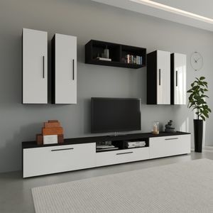Set mobila living Haaus Kos V4, Negru/Alb Lucios, MDF, 285 x 40 x 200 cm