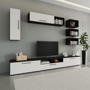 Set mobila living Haaus Kos V5, Negru/Alb Lucios, MDF, 285 x 40 x 200 cm