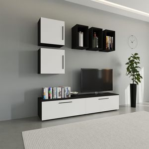 Set mobila living Haaus Kos V8, Negru/Alb Lucios, MDF, 190 x 40 x 200 cm