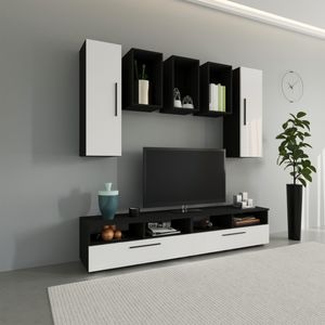 Set mobila living Haaus Kos V9, Negru/Alb Lucios, MDF, 190 x 40 x 200 cm