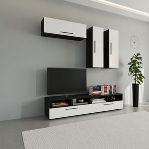 Set mobila living Haaus Kos V10, Negru/Alb Lucios, MDF, 190 x 40 x 200 cm