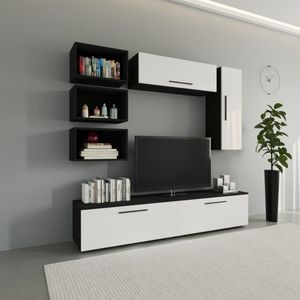 Set mobila living Haaus Kos V14, Negru/Alb Lucios, MDF, 190 x 40 x 200 cm