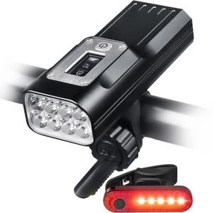 Set Lumini Bicicleta Fata / Spate cu 5 Moduri de Functionare, 8 LED-uri, 2000 Lumeni, Reincarcabil USB-C, 10000 mAh, Functie Power Bank, Rezistent la Apa, Display OLED, Negru