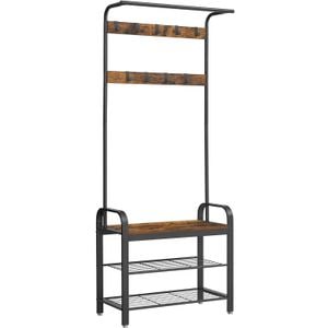 Cuier pentru haine, VASAGLE, cu banc depozitare pantofi, 9 carlige detasabile, sina pentru haine, 34x77x183cm, industrial, maro rustic si negru