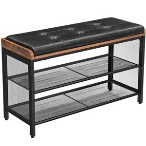 Banca pentru hol VASAGLE, cu raft suport de pantofi, sezut captusit imitatie piele, design industrial, 30x80x48cm, negru cu maro