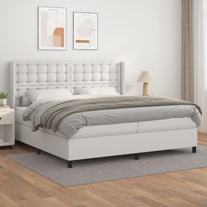 Pat box spring cu saltea vidaXL, alb, 200x200 cm, piele ecologica