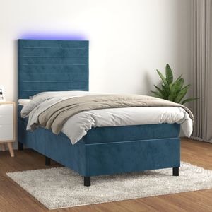 Pat cu arcuri vidaXL, saltea si LED, bleumarin, 100x200 cm