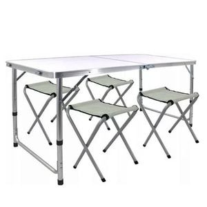 Set masa cu 4 scaune pentru camping PROCART, inaltime masa reglabila, picioare antiderapante, aluminiu, argintiu