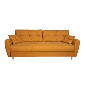 Canapea extensibila Olivia 140, Iza, pat, saltea arcuri Relaxa, lada depozitare, picioare inalte fag, perne decorative, mustar, stofa, 225x95x73 cm