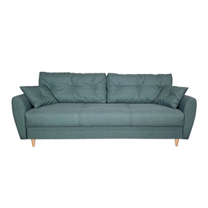 Canapea extensibila Olivia 140, Iza, pat, saltea arcuri Relaxa, lada depozitare, picioare inalte fag, perne decorative, turcoaz, stofa, 225x95x73 cm