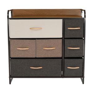 Comoda DacEnergy, constructie metalica, 7 sertare de panza, cu manere din lemn, 80 x 78,5 x 29 cm, nuante de maro