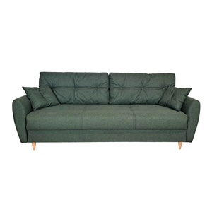 Canapea extensibila Olivia 140, Iza, pat, saltea arcuri Relaxa, lada depozitare, picioare inalte fag, perne decorative, verde, stofa, 225x95x73 cm